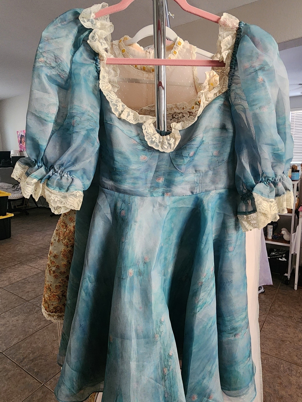 Selkie Water Lilies Parliament Dress Aqua Blue Puff Sleeve